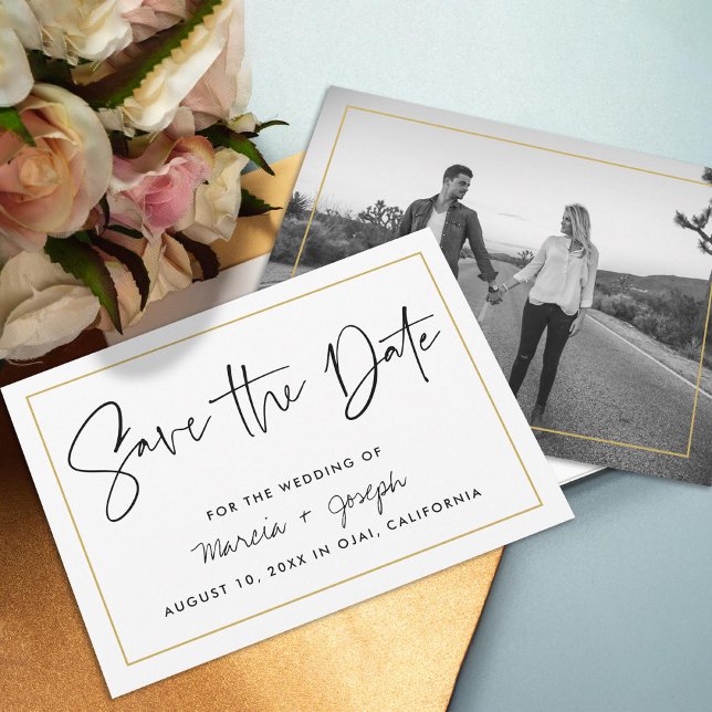 Modern calligraphy Save the Date Gold Border Enclosure Card (Creator Uploaded)