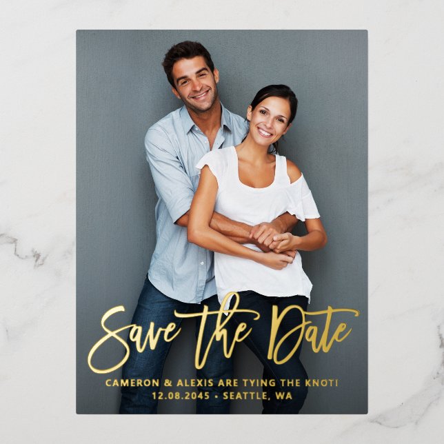 Modern Calligraphy Save the Date Vertical Photo Foil Invitation Postcard (Front)