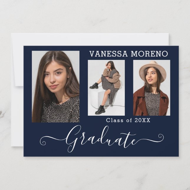 Modern Calligraphy Script 3 Photo Blue Graduation Announcement (Front)