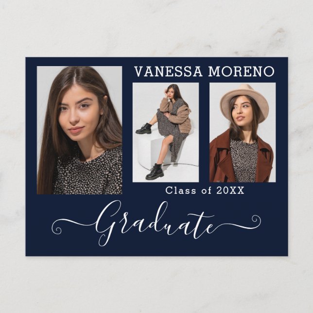 Modern Calligraphy Script 3 Photo Blue Graduation Postcard (Front)