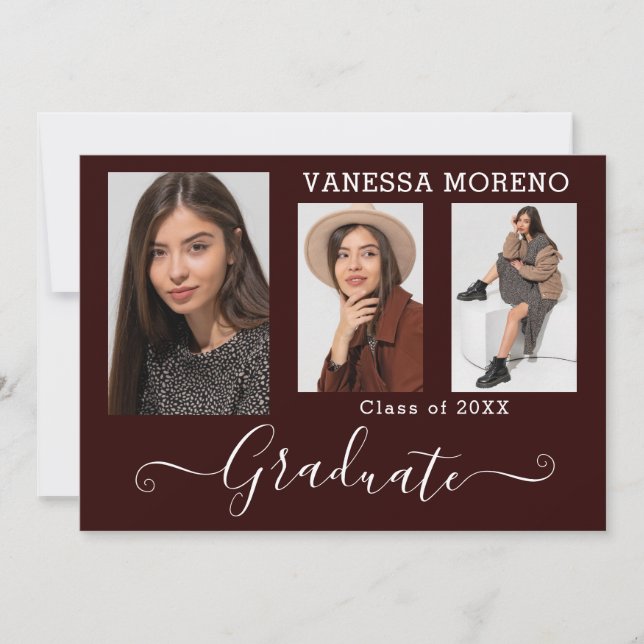 Modern Calligraphy Script 3 Photo Brgdy Graduation Announcement (Front)