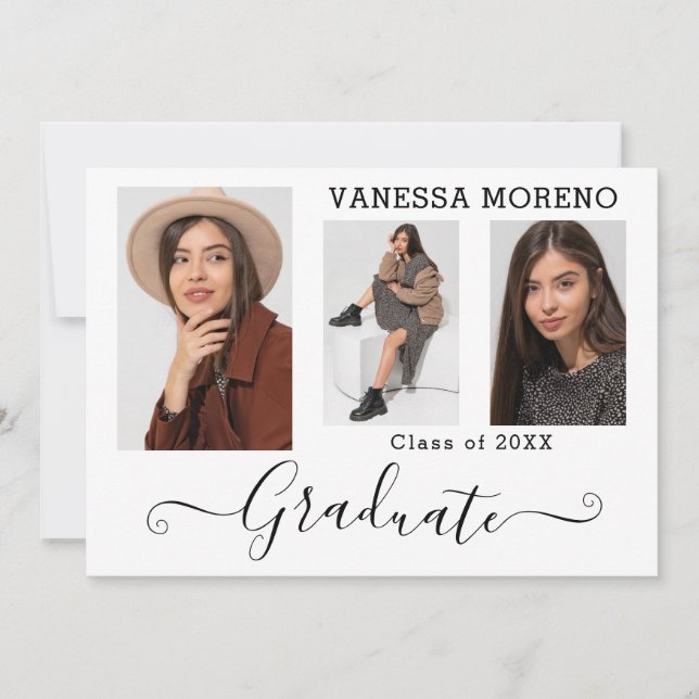 Modern Calligraphy Script 3 Photo White Graduation Announcement (Front)