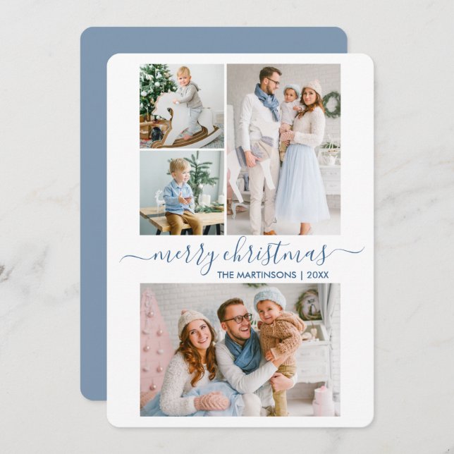 Modern Calligraphy Script 4 Photo Christmas Blue Holiday Card (Front/Back)