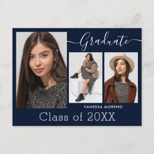 Modern Calligraphy Script Blue 3 Photo Graduation Postcard