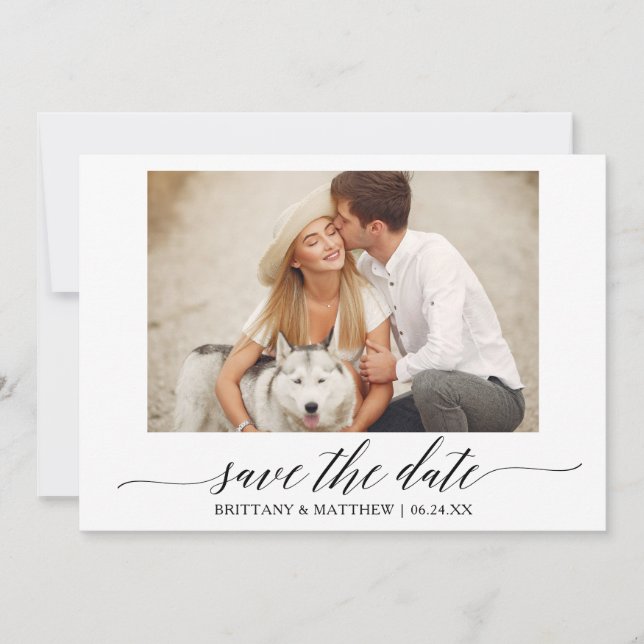Modern Calligraphy Script Couple Photo Wedding Save The Date (Front)