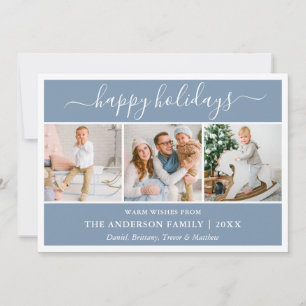 Modern Calligraphy Script Dusty Blue 3 Photo Holiday Card