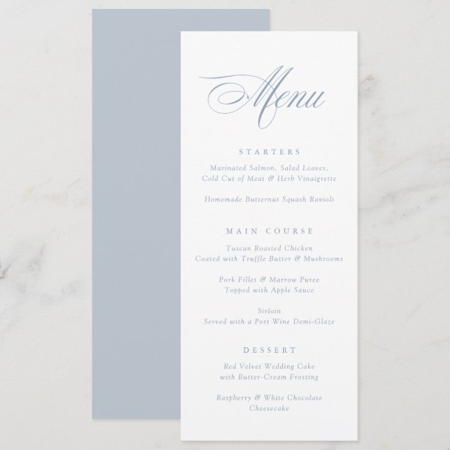 Modern Calligraphy Script Dusty Blue Wedding Menu (Front/Back)