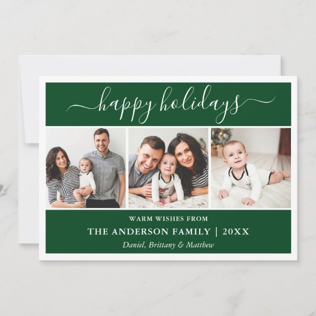 Modern Calligraphy Script Green 3 Photo  Holiday Card (Front)