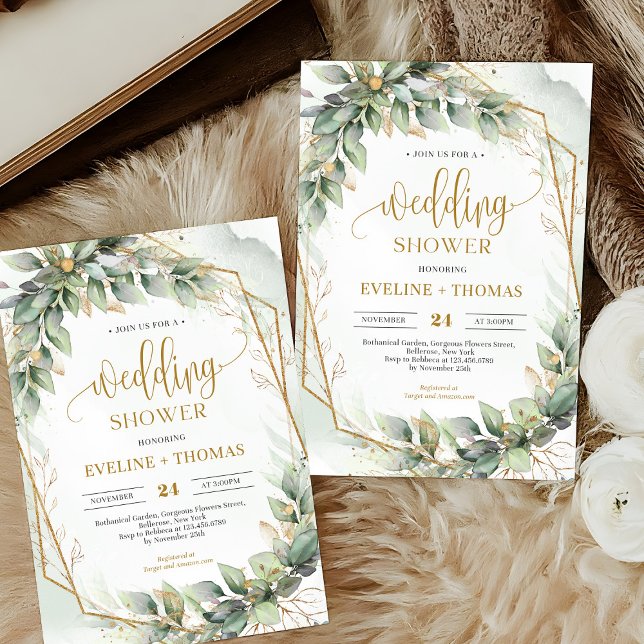 Modern calligraphy script greenery Wedding Shower Invitation (Delicate green eucalyptus and gold wedding shower invitation digital)
