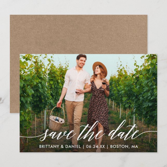 Modern Calligraphy Script Kraft Couple Photo Save The Date (Front/Back)