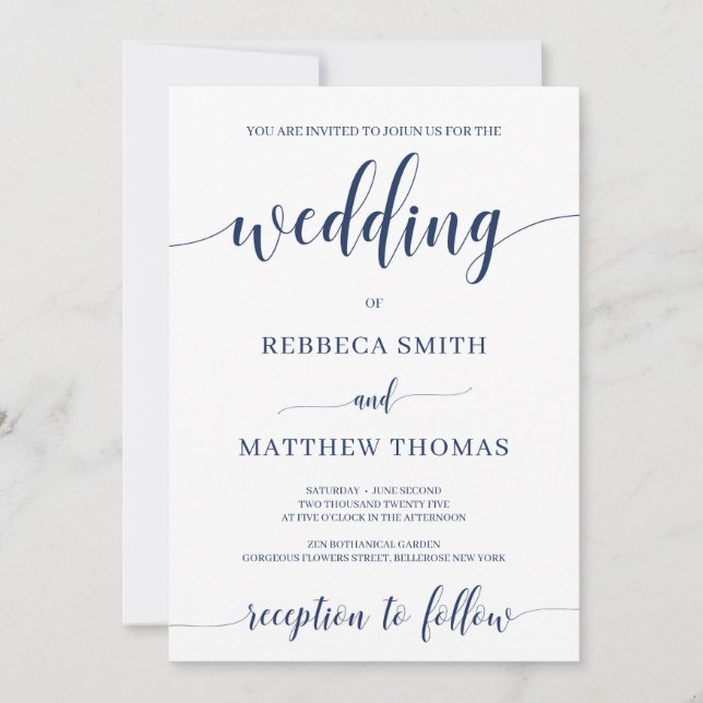 Modern calligraphy script lettering navy wedding invitation (Front)