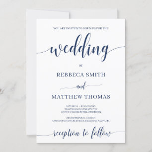Modern calligraphy script lettering navy wedding invitation