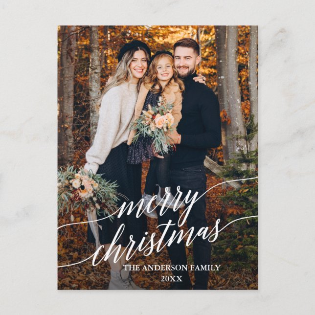 Modern Calligraphy Script Merry Christmas Photo Postcard (Front)