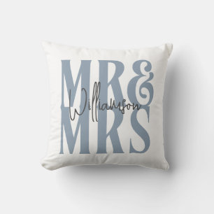 Modern Calligraphy Script Mr Mrs Wedding Blue Throw Pillow
