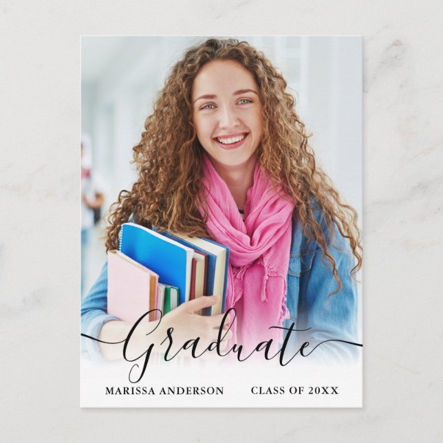 Modern Calligraphy Script Photo Grad Announcement Postcard (Front)