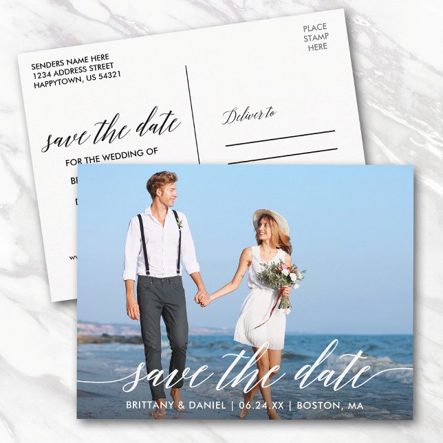 Modern Calligraphy Script Save The Date Photo Postcard (Customize to change your personalized text size or text style.)