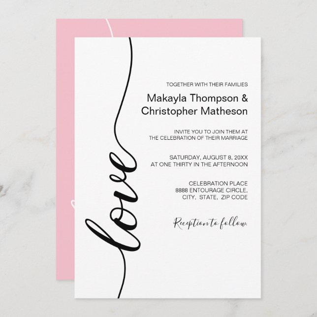 Modern Calligraphy Script Wedding Black and white Invitation (Front/Back)