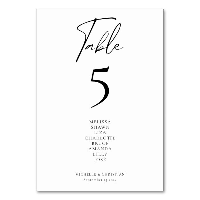 Modern Calligraphy Script Wedding Guests Names Table Number (Front)