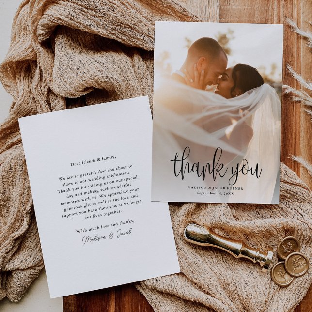 Modern Calligraphy Script Wedding Photo Thank You Card (Creator Uploaded)