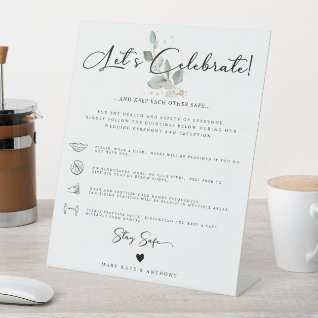 Modern Calligraphy Social Safety Wedding Greenery Pedestal Sign (In SItu)