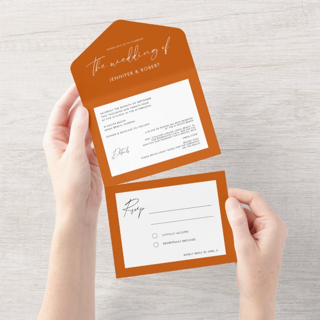 Modern Calligraphy Solid Burnt Orange Wedding All In One Invitation (Tearaway)