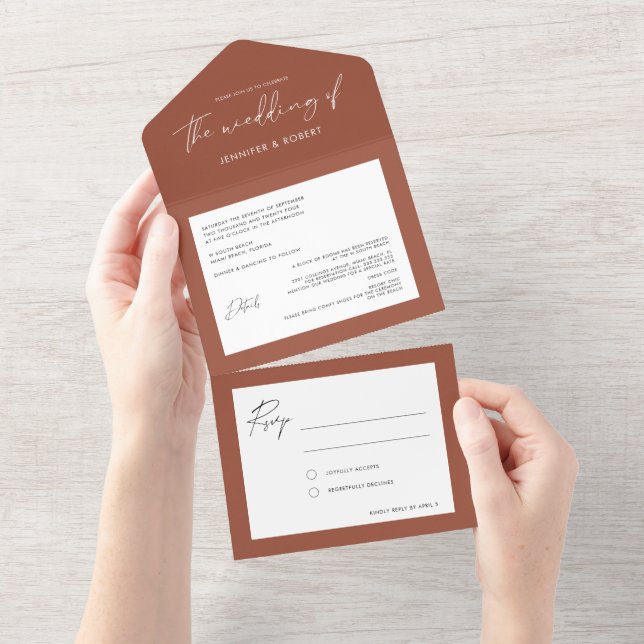 Modern Calligraphy Solid Terracotta Wedding All In One Invitation (Tearaway)