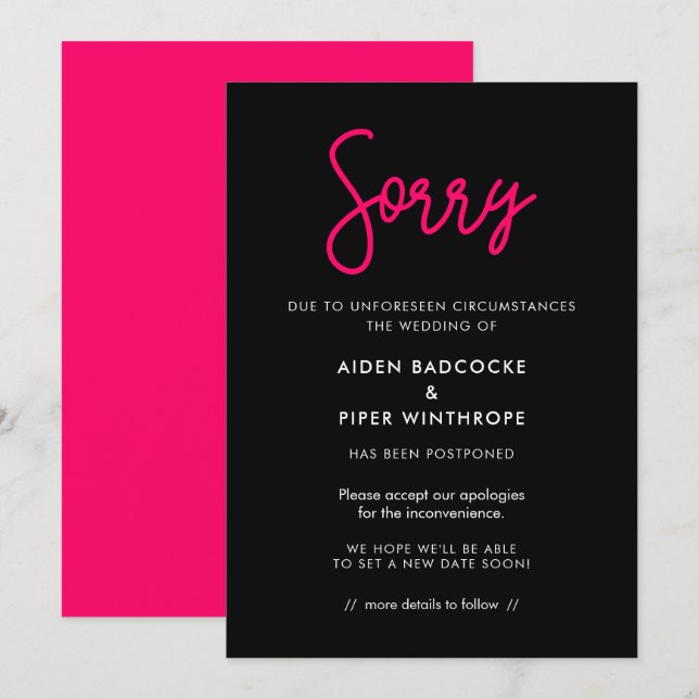 Modern calligraphy Sorry wedding update card (Front/Back)