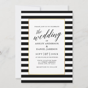 Modern Calligraphy Striped Wedding Gold Frame Invitation