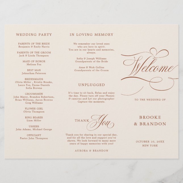 Modern Calligraphy Terracotta Boho Wedding Program (Front)