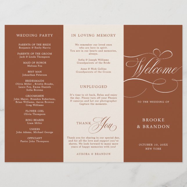 Modern Calligraphy Terracotta Boho Wedding Program (Front)