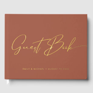 Modern Calligraphy Terracotta Gold Foil Wedding  Guest Book