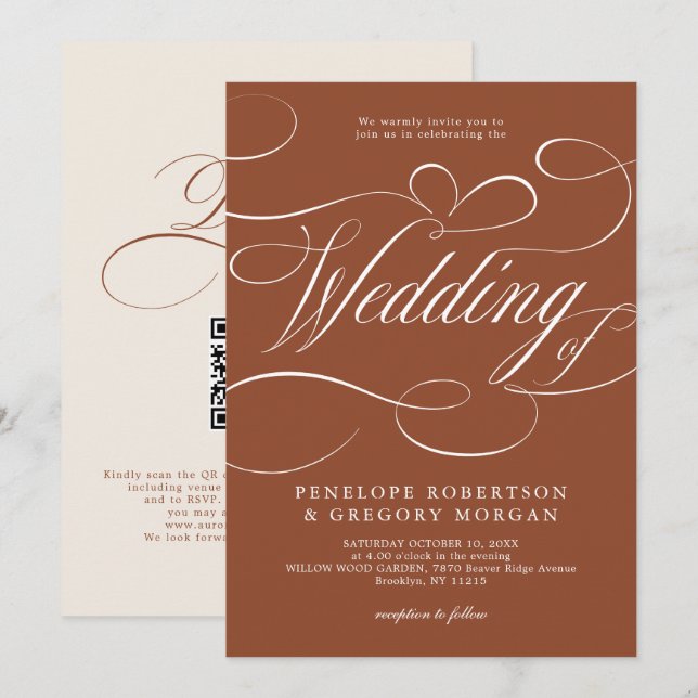 Modern calligraphy terracotta QR code wedding Invitation (Front/Back)