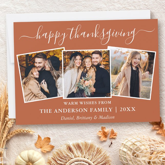 Modern Calligraphy Terracotta Thanksgiving 3 Photo Holiday Card (Customize to add text to back of card or to change color of text or color of back of card.)