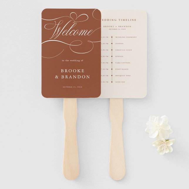 Modern Calligraphy  Terracotta wedding Timeline Hand Fan (Front and Back)