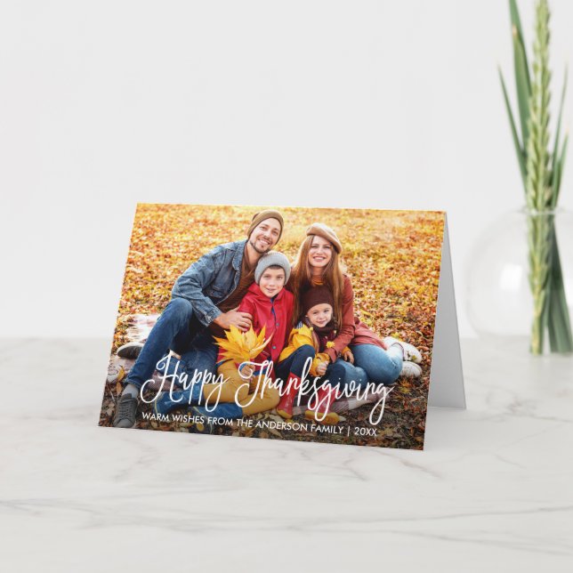 Modern Calligraphy Thanksgiving Family Photo Fold Holiday Card (Front)