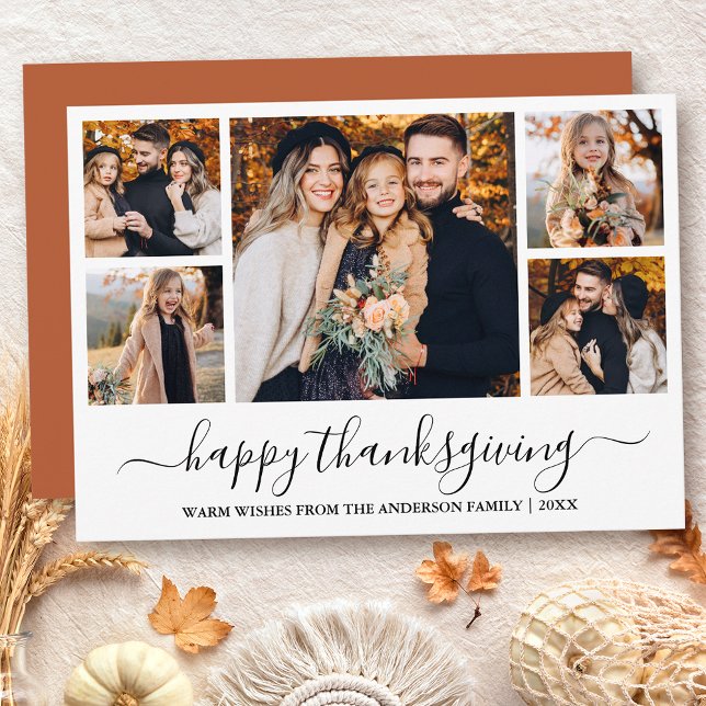 Modern Calligraphy Thanksgiving Terracotta 5 Photo Holiday Card (Customize to add text to back of card or to change color of back of card.)