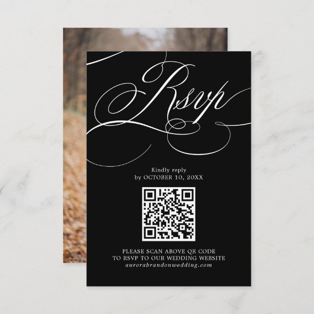 Modern calligraphy timeless Black QR code Photo RSVP Card (Front/Back)