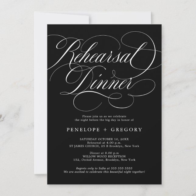 Modern calligraphy timeless Black Rehearsal Dinner Invitation (Front)