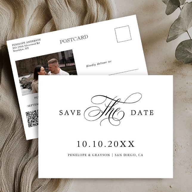 Modern calligraphy timeless Black  Save the Date Postcard (Modern calligraphy timeless Black and white photo QR code Save the Date Postcard)