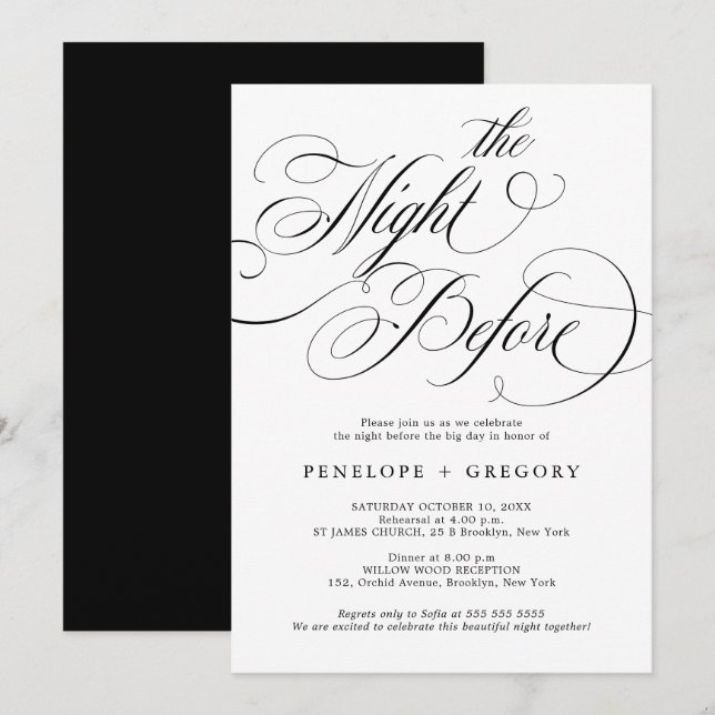 Modern calligraphy timeless black the night before invitation (Front/Back)