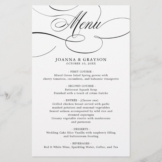 Modern calligraphy timeless black wedding Menu (Front)