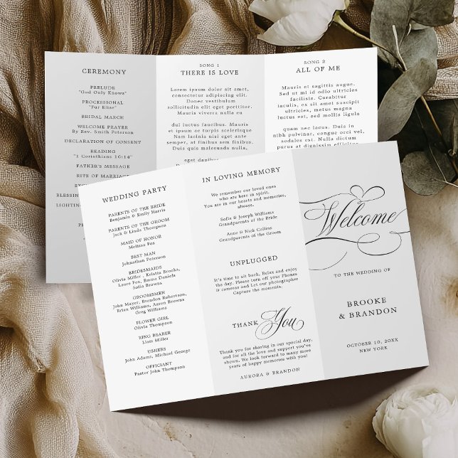 Modern calligraphy timeless black  wedding Program (Modern calligraphy timeless black and white tri-fold wedding Program)