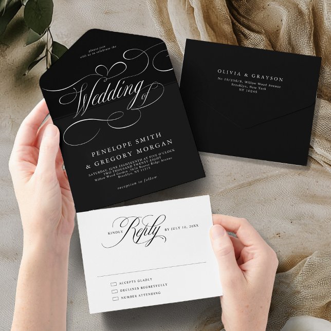 Modern calligraphy timeless Black white wedding All In One Invitation (Modern calligraphy timeless Black and white wedding All In One Invitation)