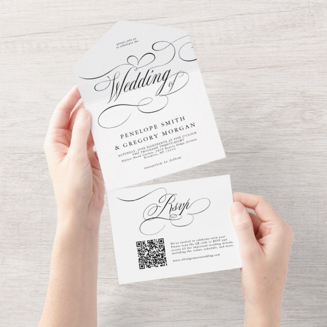 Modern calligraphy timeless black white wedding all in one invitation (Tearaway)