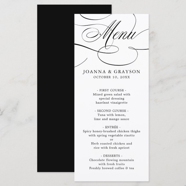 Modern calligraphy timeless black white wedding menu (Front/Back)