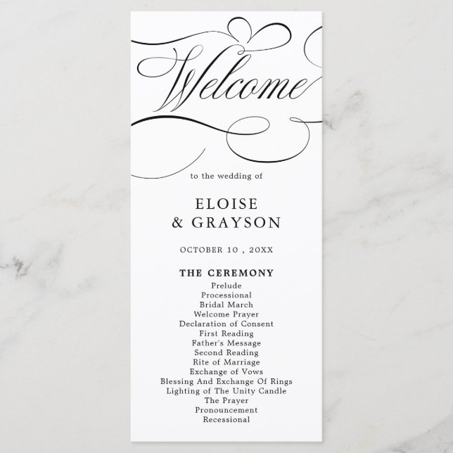 Modern calligraphy timeless black white wedding program (Front)