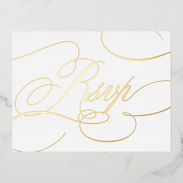 Modern calligraphy timeless gold and white RSVP Foil Holiday Postcard (Front)