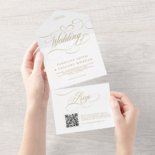 Modern calligraphy timeless gold and white wedding all in one invitation