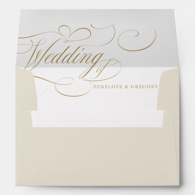 Modern calligraphy timeless gold and white wedding envelope (Back (Bottom))