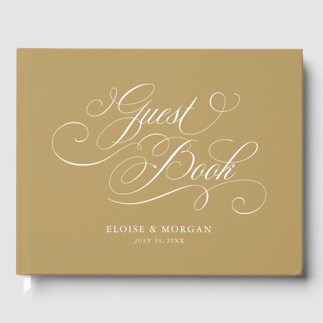 Modern calligraphy timeless gold and white wedding guest book (Front)